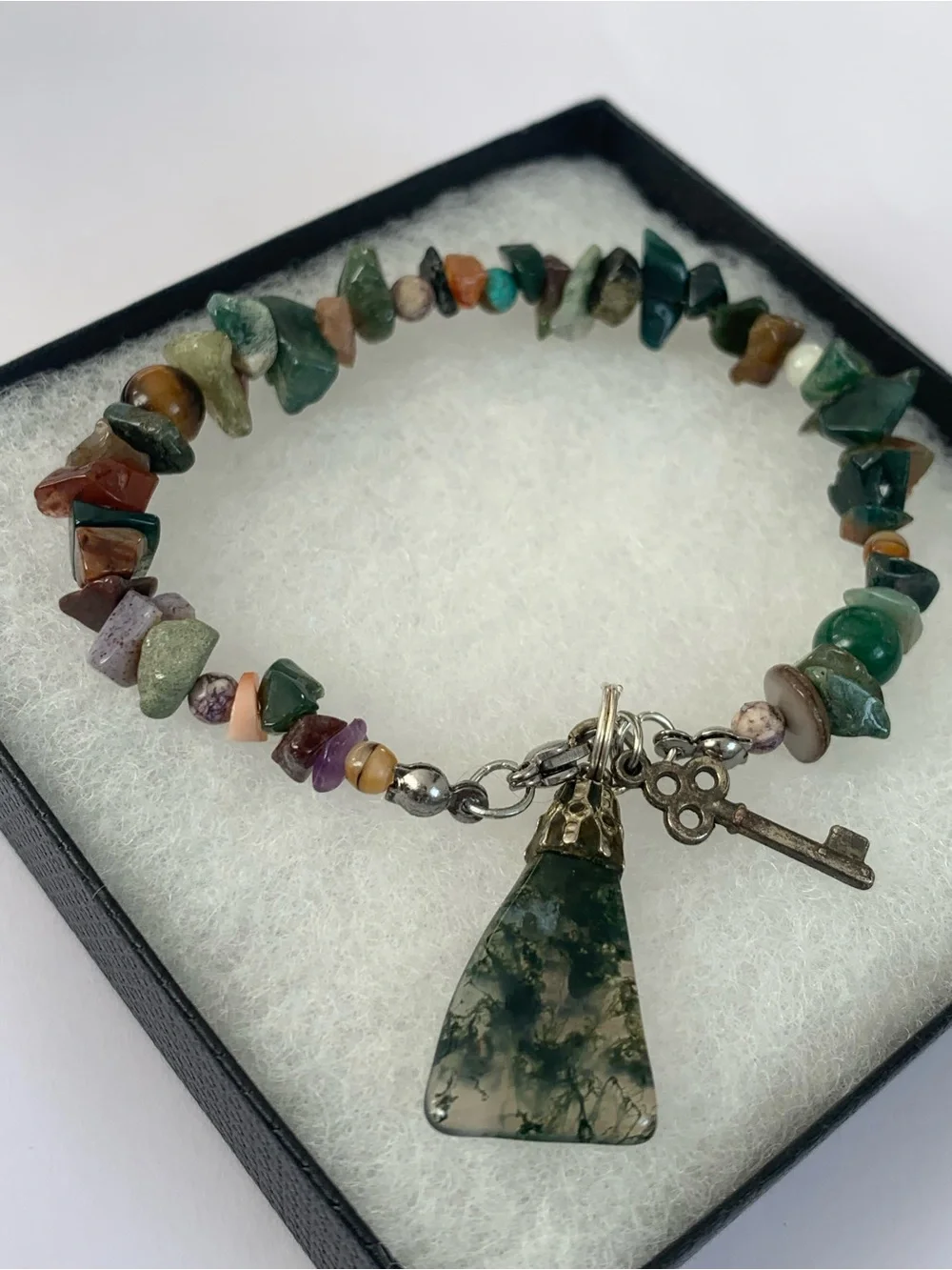 Multicolor Beaded Gemstone Charm Bracelet with Moss Agate Pendant